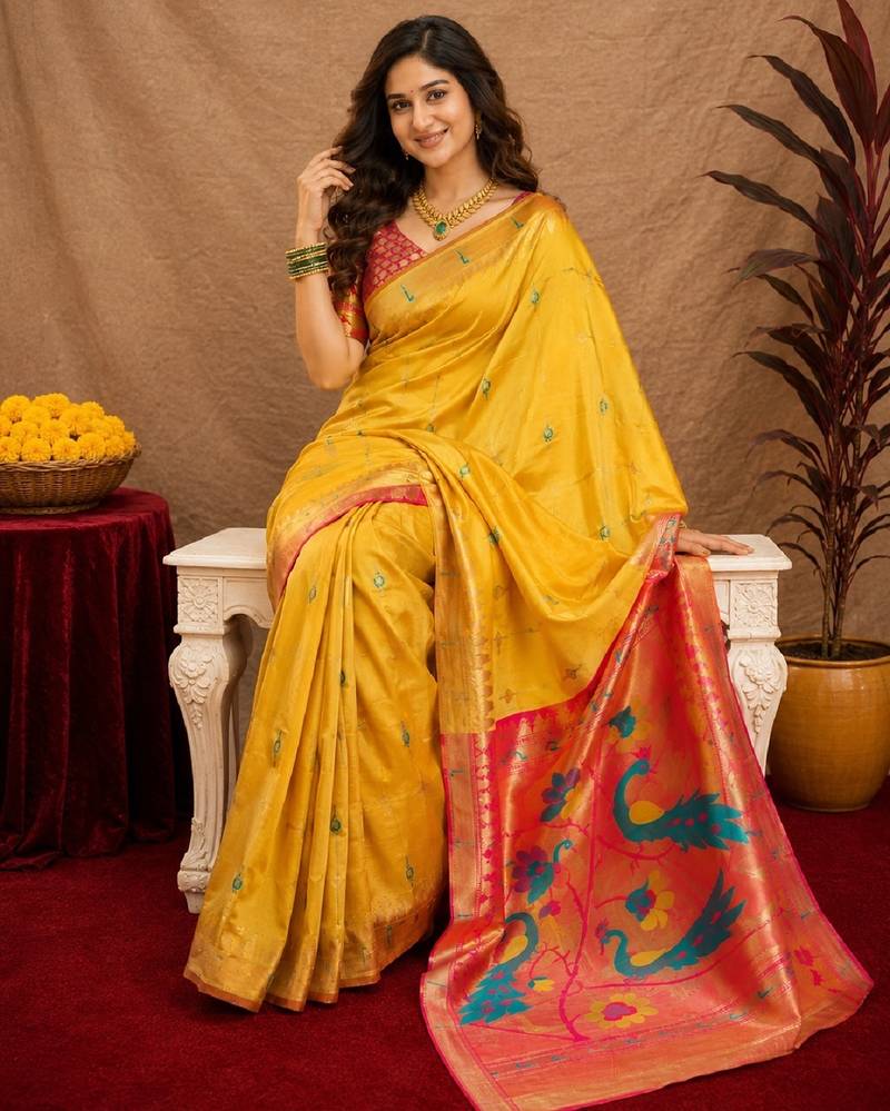Yellow soft silk blend banarasi jacuard work pethani saree with unstitched blouse piece