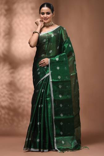 Green texture motifs tissue saree with stripes pallu