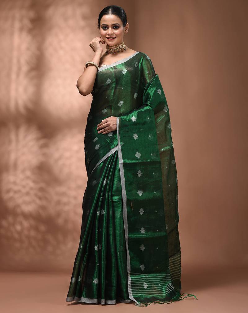 Green texture motifs tissue saree with stripes pallu