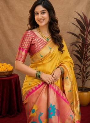Yellow soft silk blend banarasi jacuard work pethani saree with unstitched blouse piece 4