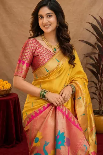 Yellow soft silk blend banarasi jacuard work pethani saree with unstitched blouse piece