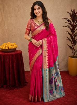 Rani pink soft silk blend banarasi jacuard work pethani saree with unstitched blouse piece 1