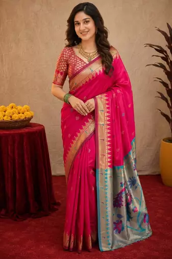 Rani pink soft silk blend banarasi jacuard work pethani saree with unstitched blouse piece