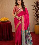 Rani pink soft silk blend banarasi jacuard work pethani saree with unstitched blouse piece