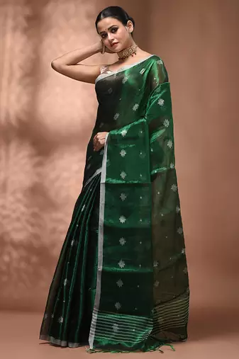 Green texture motifs tissue saree with stripes pallu
