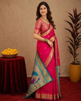 Rani pink soft silk blend banarasi jacuard work pethani saree with unstitched blouse piece 2