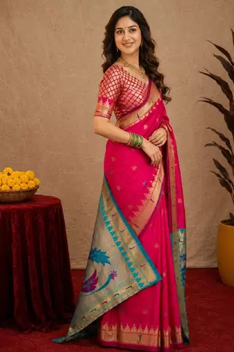 Rani pink soft silk blend banarasi jacuard work pethani saree with unstitched blouse piece