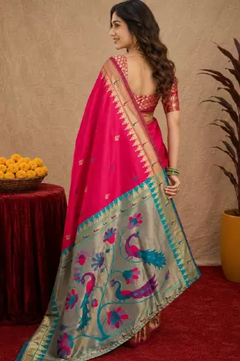 Rani pink soft silk blend banarasi jacuard work pethani saree with unstitched blouse piece