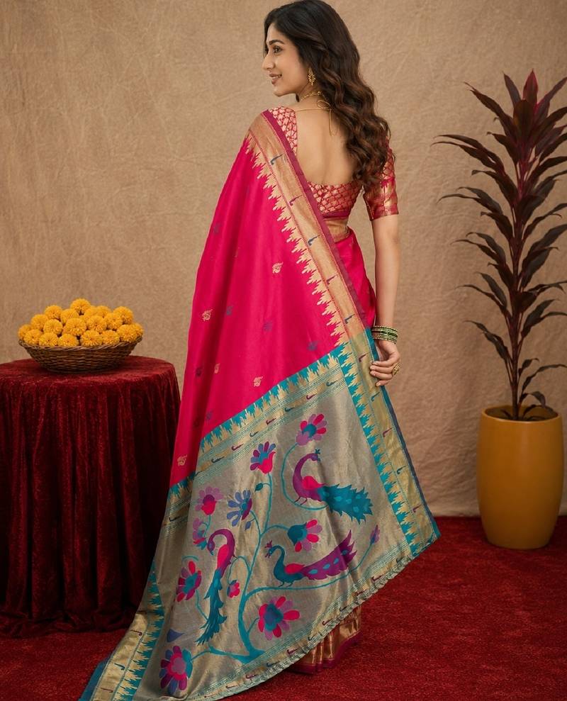 Rani pink soft silk blend banarasi jacuard work pethani saree with unstitched blouse piece