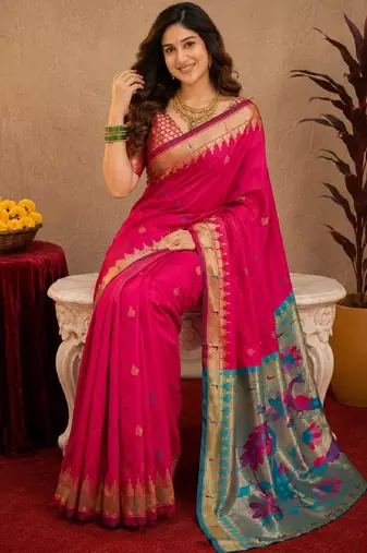 Rani pink soft silk blend banarasi jacuard work pethani saree with unstitched blouse piece