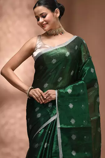 Green texture motifs tissue saree with stripes pallu