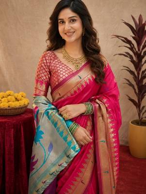Rani pink soft silk blend banarasi jacuard work pethani saree with unstitched blouse piece 5
