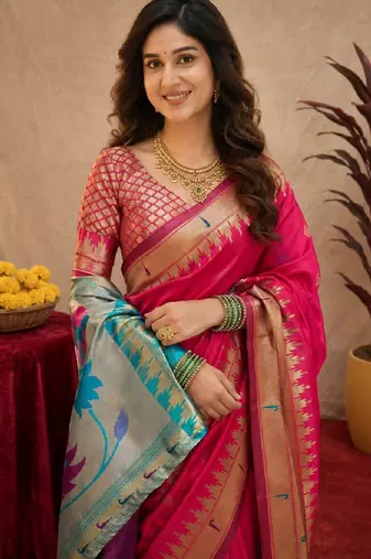 Rani pink soft silk blend banarasi jacuard work pethani saree with unstitched blouse piece