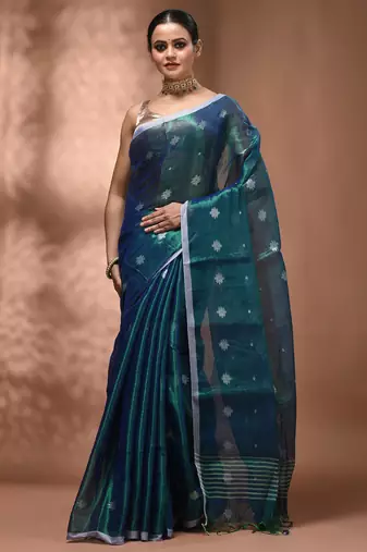 Peacock blue texture motifs tissue saree with stripes pallu