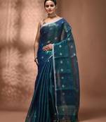 Peacock blue texture motifs tissue saree with stripes pallu