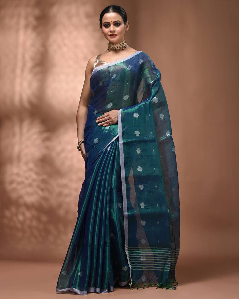 Peacock blue texture motifs tissue saree with stripes pallu