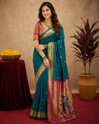 Teal blue soft silk blend banarasi jacuard work pethani saree with unstitched blouse piece 1