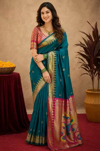 Teal blue soft silk blend banarasi jacuard work pethani saree with unstitched blouse piece