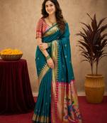 Teal blue soft silk blend banarasi jacuard work pethani saree with unstitched blouse piece