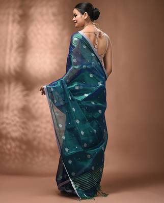 Peacock blue texture motifs tissue saree with stripes pallu 2