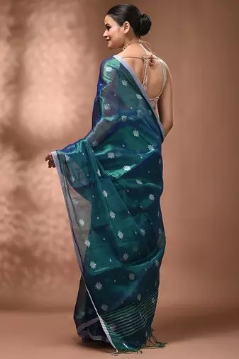 Peacock blue texture motifs tissue saree with stripes pallu