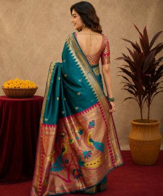 Teal blue soft silk blend banarasi jacuard work pethani saree with unstitched blouse piece 2