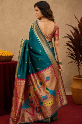 Teal blue soft silk blend banarasi jacuard work pethani saree with unstitched blouse piece