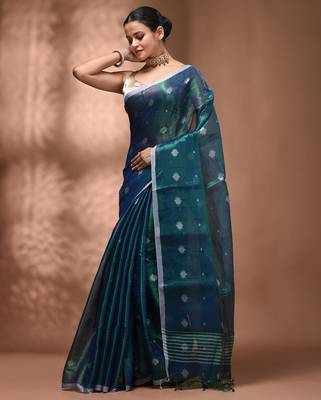 Peacock blue texture motifs tissue saree with stripes pallu 3