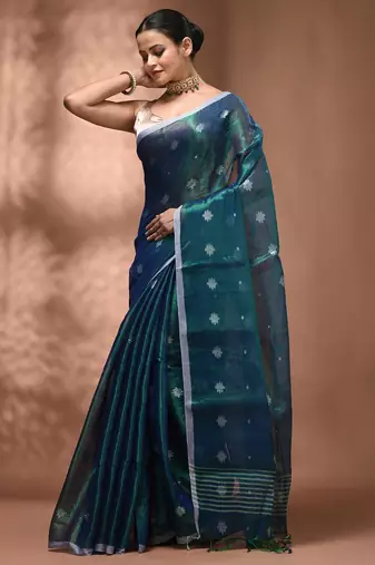 Peacock blue texture motifs tissue saree with stripes pallu