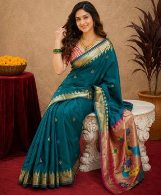 Teal blue soft silk blend banarasi jacuard work pethani saree with unstitched blouse piece 3