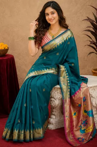 Teal blue soft silk blend banarasi jacuard work pethani saree with unstitched blouse piece