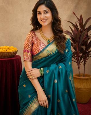 Teal blue soft silk blend banarasi jacuard work pethani saree with unstitched blouse piece 4