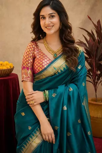 Teal blue soft silk blend banarasi jacuard work pethani saree with unstitched blouse piece