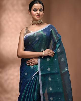 Peacock blue texture motifs tissue saree with stripes pallu 5