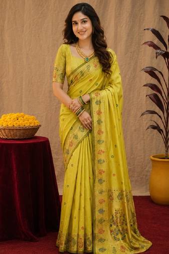 Parrot soft silk blend banarasi jacuard work pethani saree with unstitched blouse piece