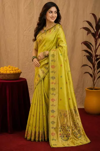Parrot soft silk blend banarasi jacuard work pethani saree with unstitched blouse piece