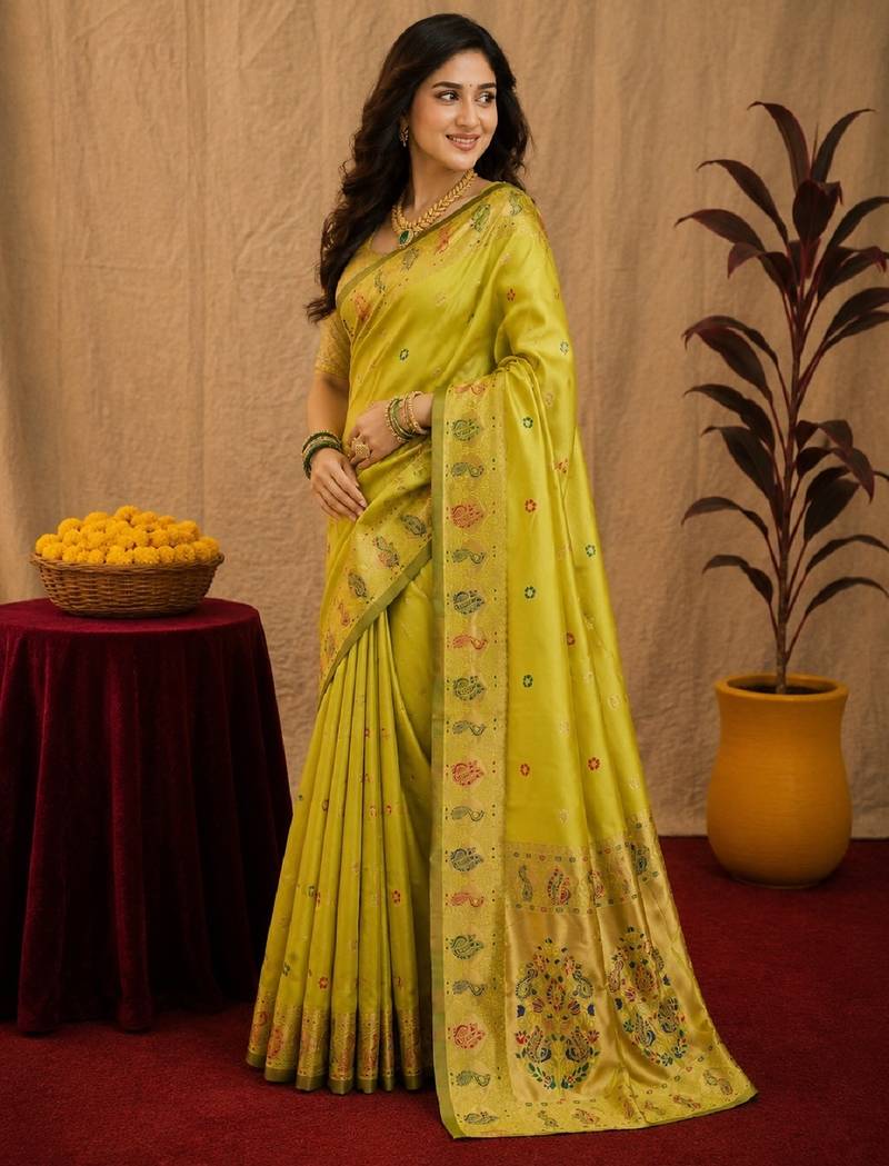 Parrot soft silk blend banarasi jacuard work pethani saree with unstitched blouse piece