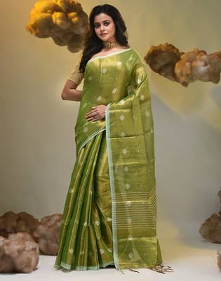 Parrot green texture motifs tissue saree with stripes pallu 1