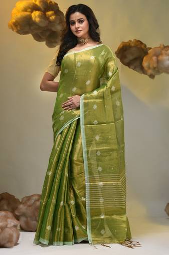 Parrot green texture motifs tissue saree with stripes pallu