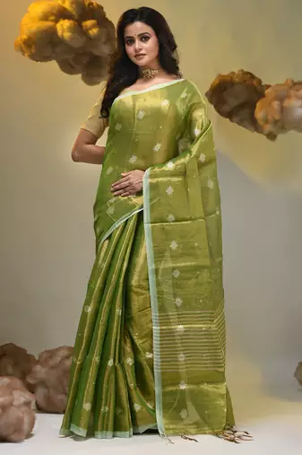 Parrot green texture motifs tissue saree with stripes pallu