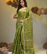 Parrot green texture motifs tissue saree with stripes pallu