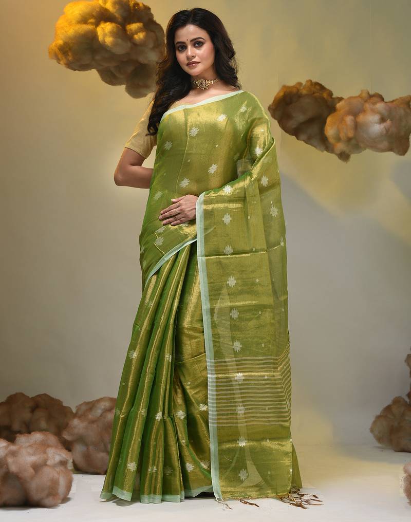 Parrot green texture motifs tissue saree with stripes pallu