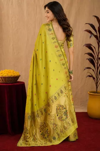 Parrot soft silk blend banarasi jacuard work pethani saree with unstitched blouse piece