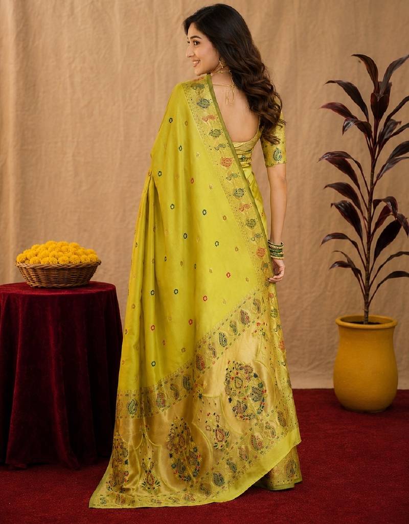 Parrot soft silk blend banarasi jacuard work pethani saree with unstitched blouse piece
