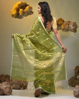 Parrot green texture motifs tissue saree with stripes pallu 2