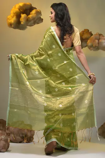 Parrot green texture motifs tissue saree with stripes pallu