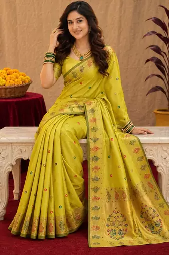 Parrot soft silk blend banarasi jacuard work pethani saree with unstitched blouse piece