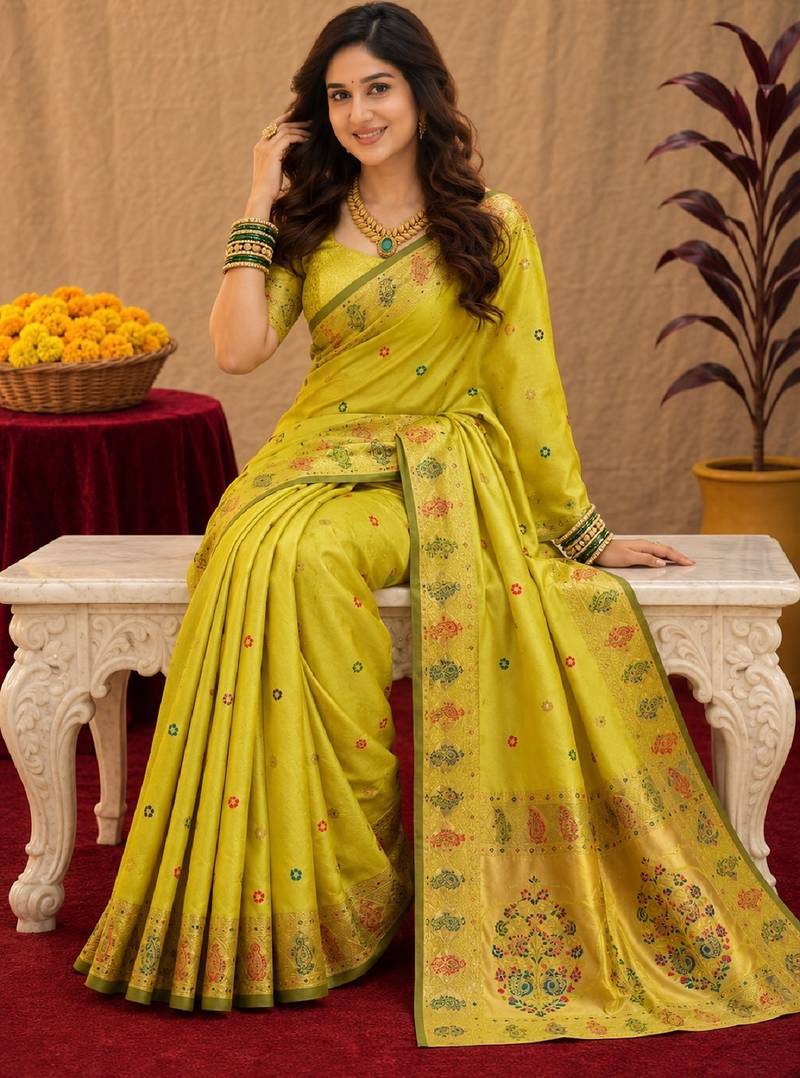 Parrot soft silk blend banarasi jacuard work pethani saree with unstitched blouse piece