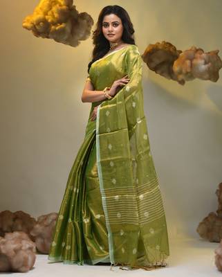 Parrot green texture motifs tissue saree with stripes pallu 3