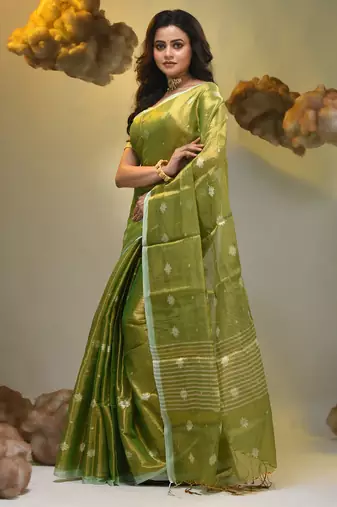 Parrot green texture motifs tissue saree with stripes pallu